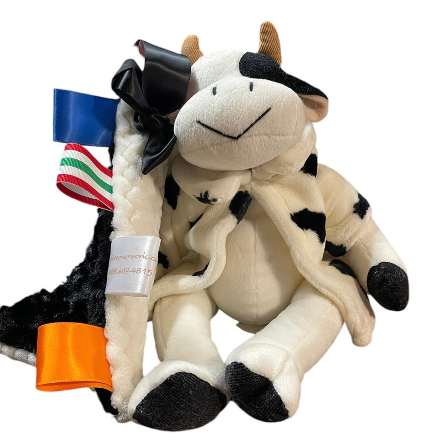 Russ Berrie Cream & Black 'Mooella' Plush  Cow, Fancy Jacket, Stitched Face & Lovey Tag