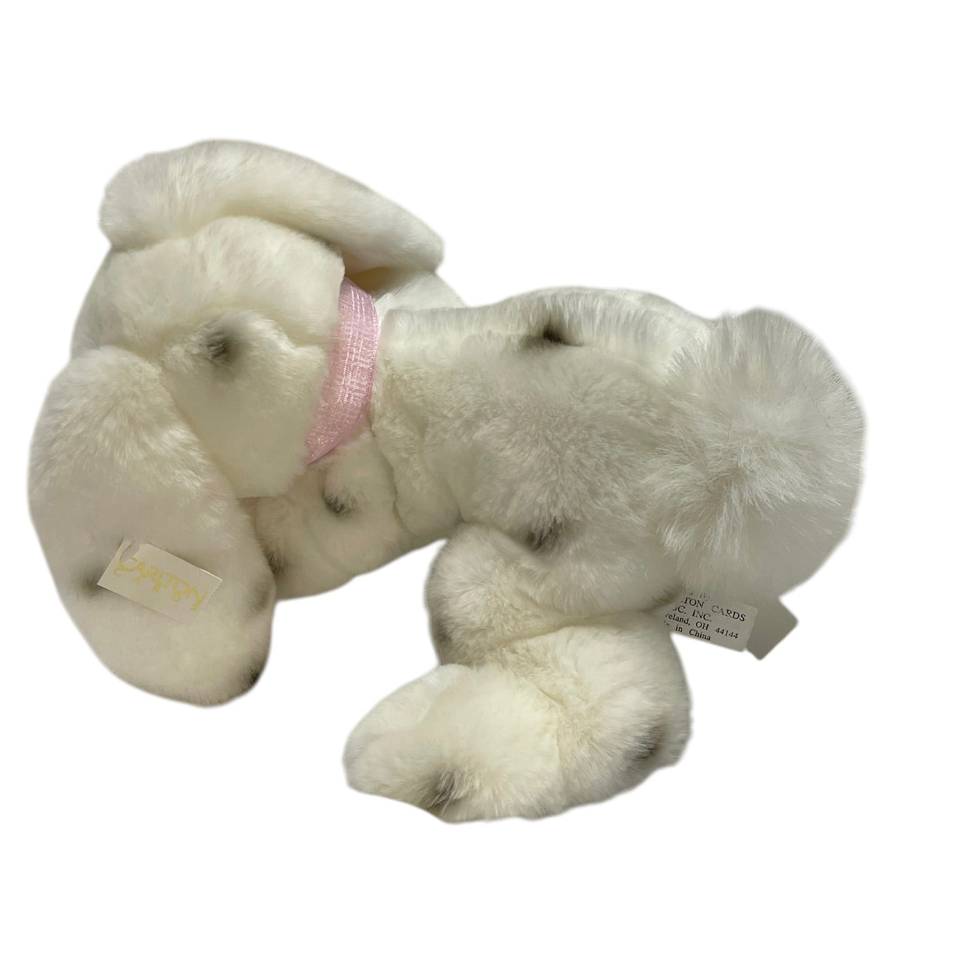 Ultra Soft White Plush Lop Eared Bunny, Black Spots, Weighted Bean Bottom. Pink Satin Nose