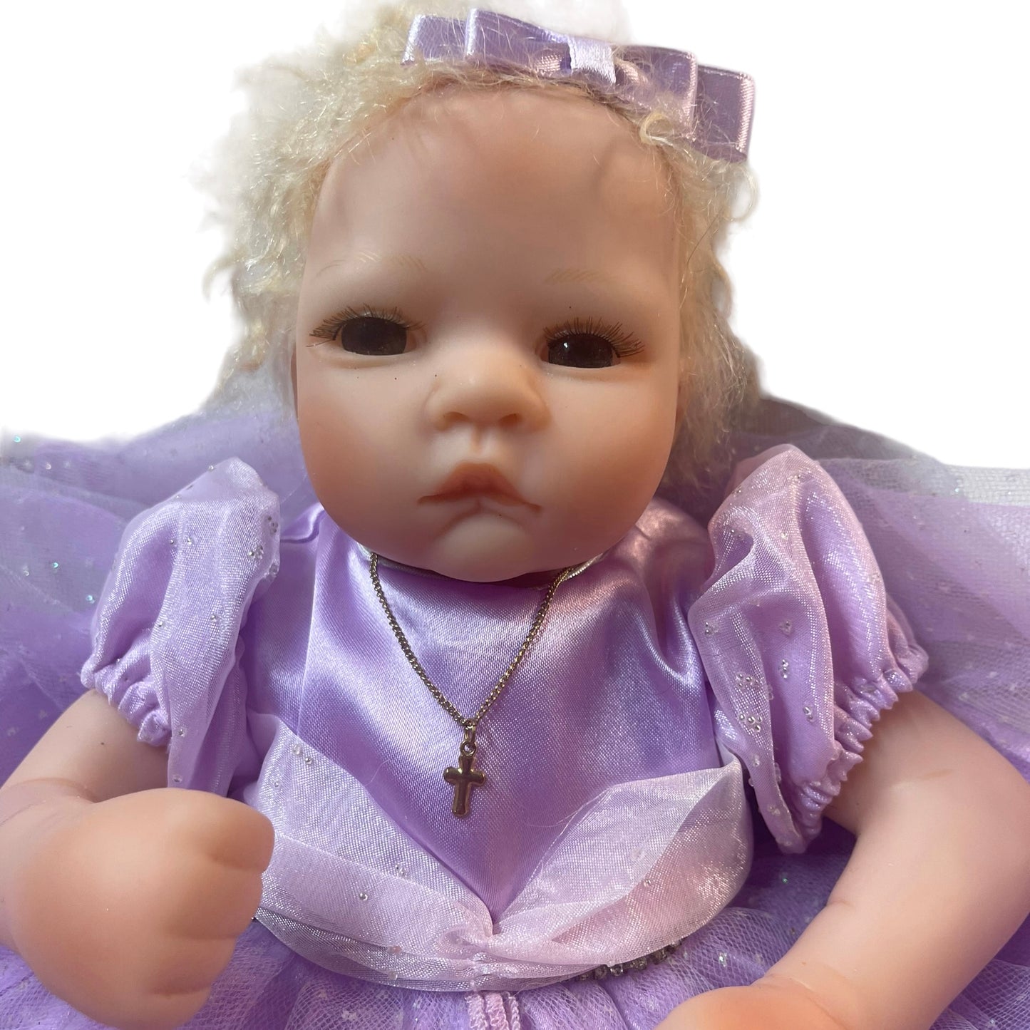 Precious Grace, Realistic Musical Vinyl Baby Doll by Ashton Drake 13.5" in EUC Silver Cross