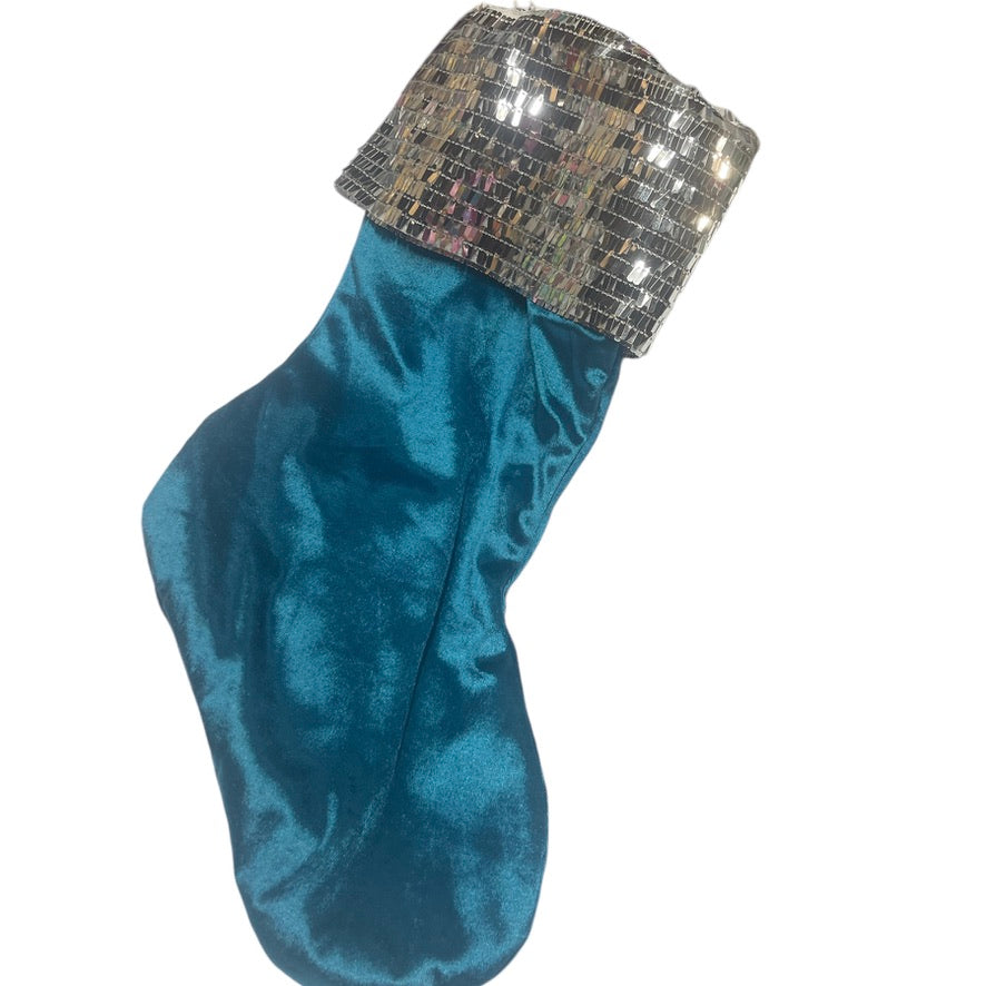 Holiday Sparkle Christmas Stocking  Silver Sequinned Cuff on a Shiny Peacock Blue Sock