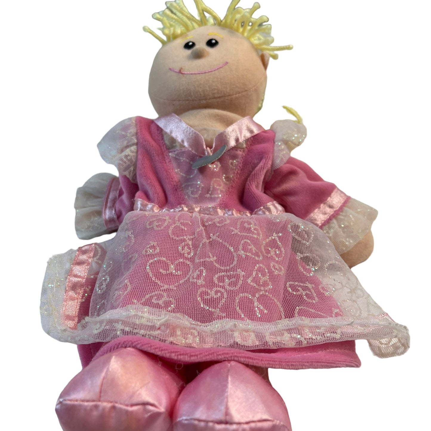 Fiesta Craft Princess Puppet in Pink with  Embroideed Face & Yellow Yarn Hair EUC