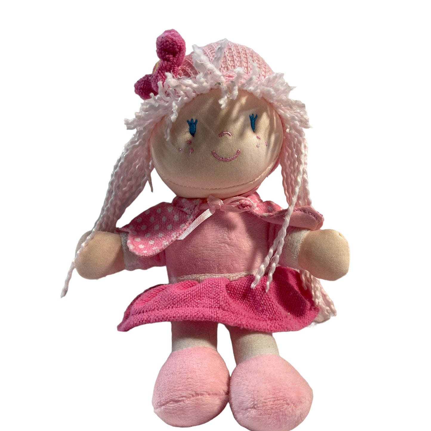 Nulife Pink Soft Bodied 9" Baby Doll with Pink Yarn Hair, Embroidered Face, and Sweet Pink Outfit