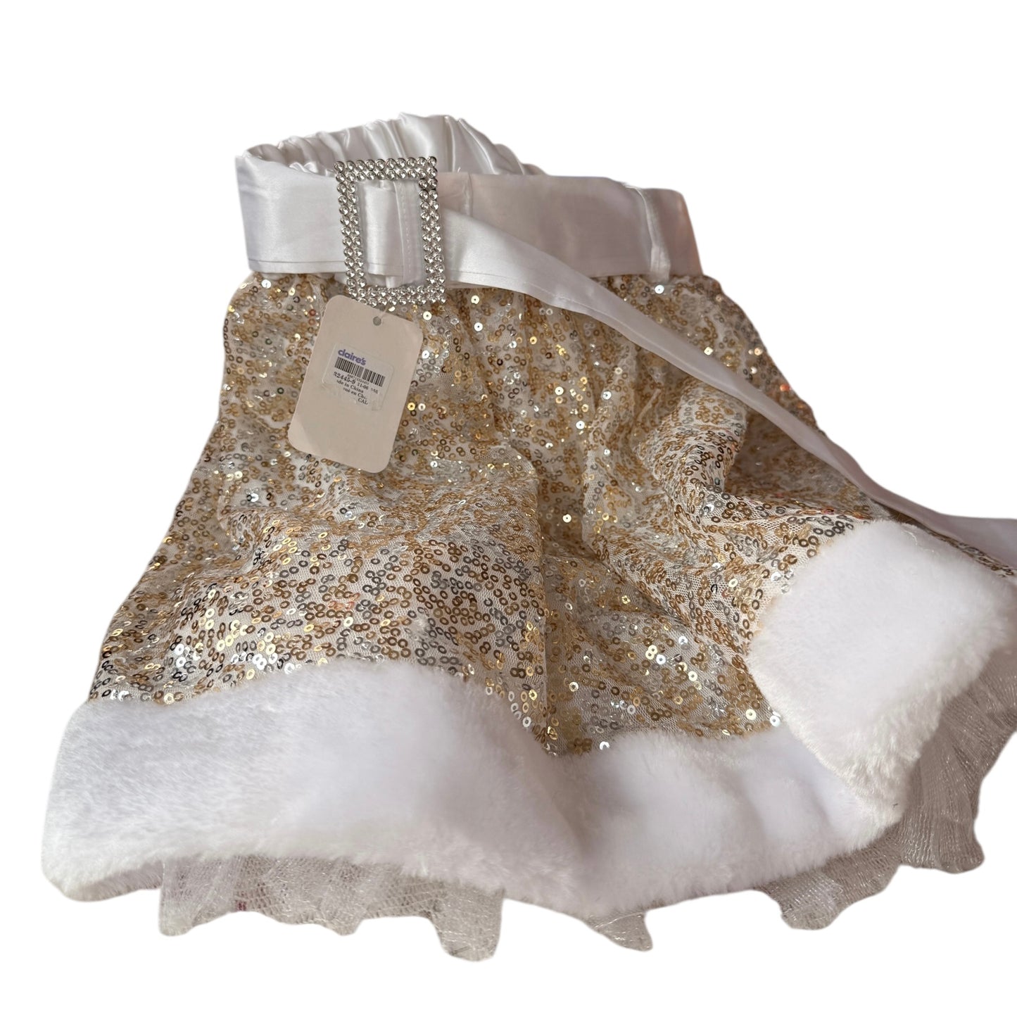 Claire's Gold Sparkly, Fur Trimmed  Skirt, M/L  with Satin Belt & Rhinestone Buckle with Tags