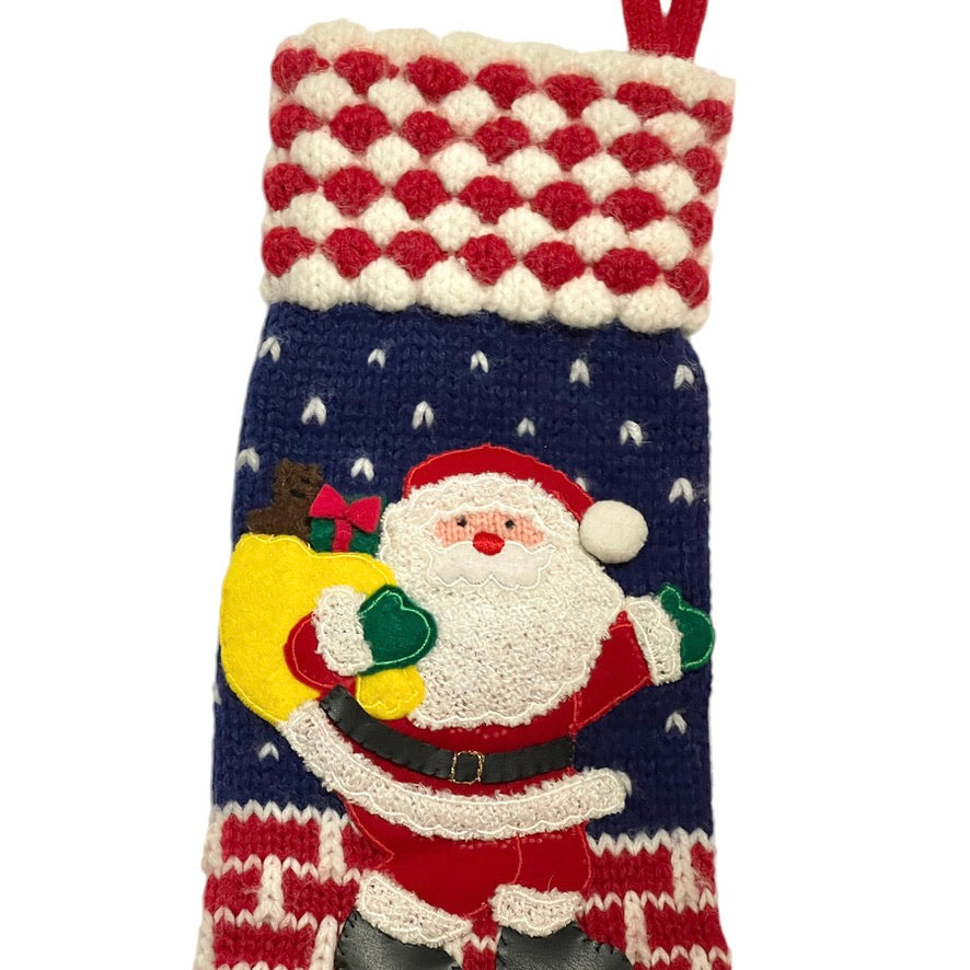 Cozy Knit Christmas Stocking with Santa Applique, 19" Tall, in Excellent Preowned Condition