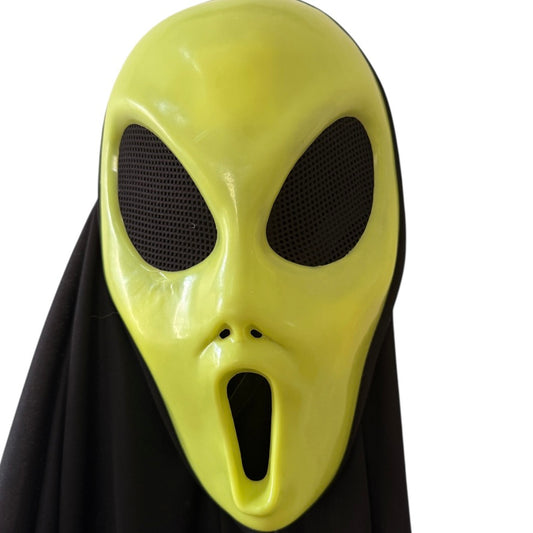 Scream Mask, Sickly Green with Mesh Eyeholes, Classic Mouth & Black Chiffon Scarf in EUC