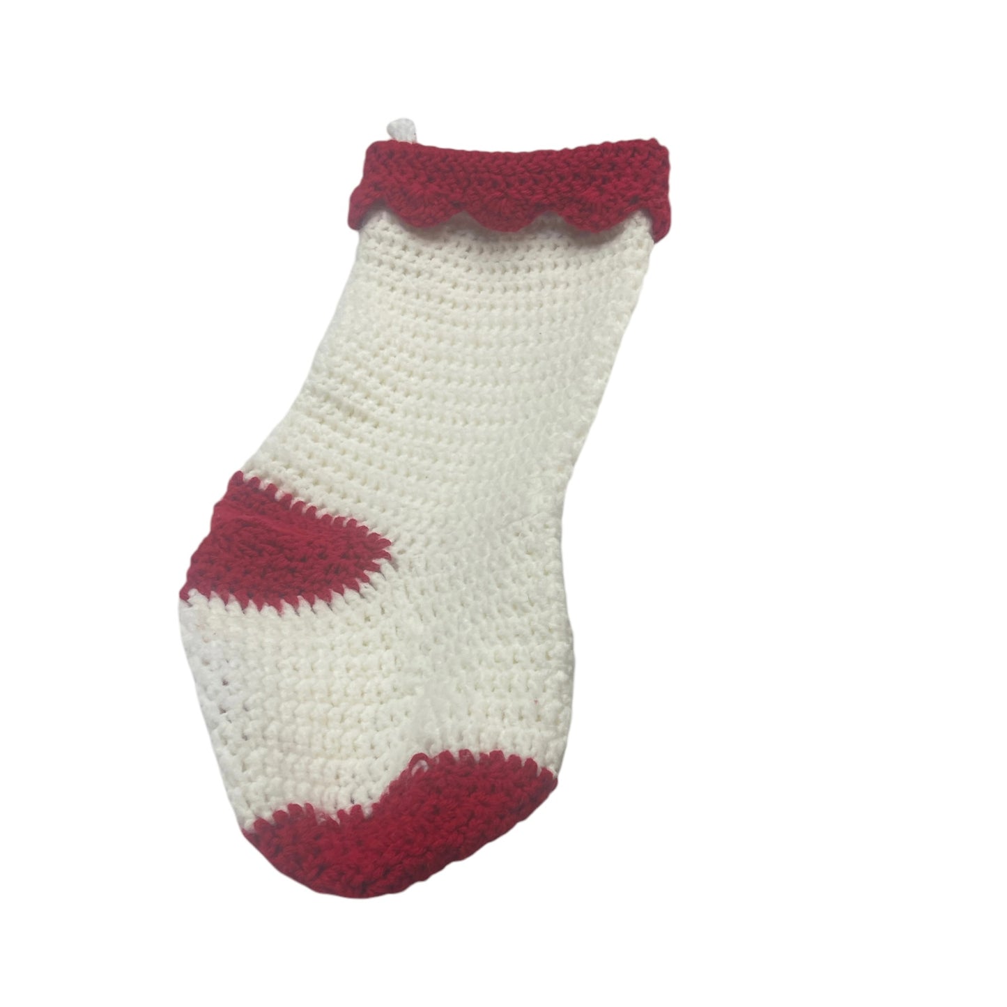 Chunky White and Red Hand Knit/Crochet Christmas Stocking, Scalloped Cuff in GUC