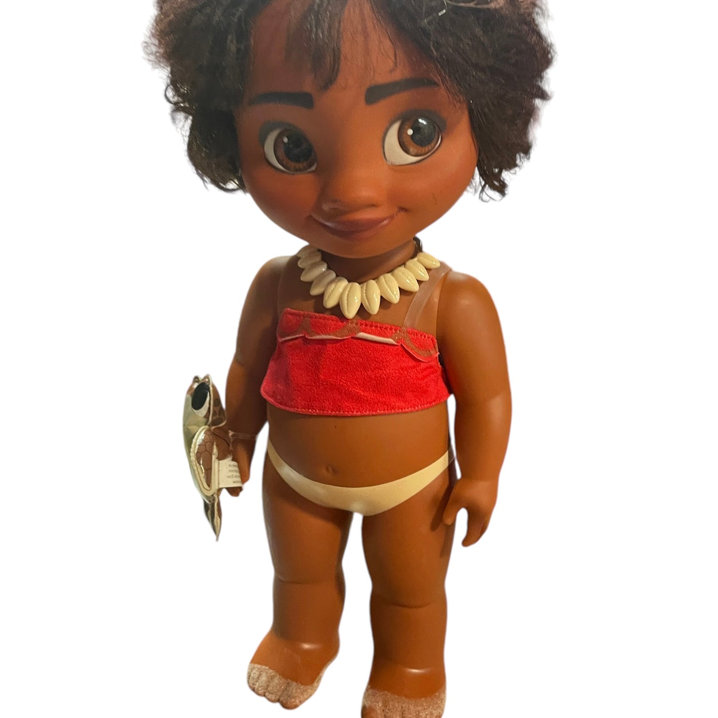 Disney, Moana, 15" Vinyl Doll with Sandy Feet & Black Curly Hair Shell Necklace, Vinyl Turtle