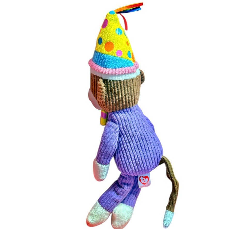 Retired Ty 'Happy Birthday' Sock Monkey, 11", Corduroy Body, Button Eyes, Party Hat & Tie!