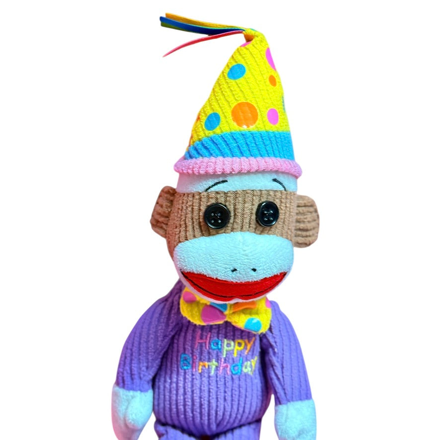 Retired Ty 'Happy Birthday' Sock Monkey, 11", Corduroy Body, Button Eyes, Party Hat & Tie!