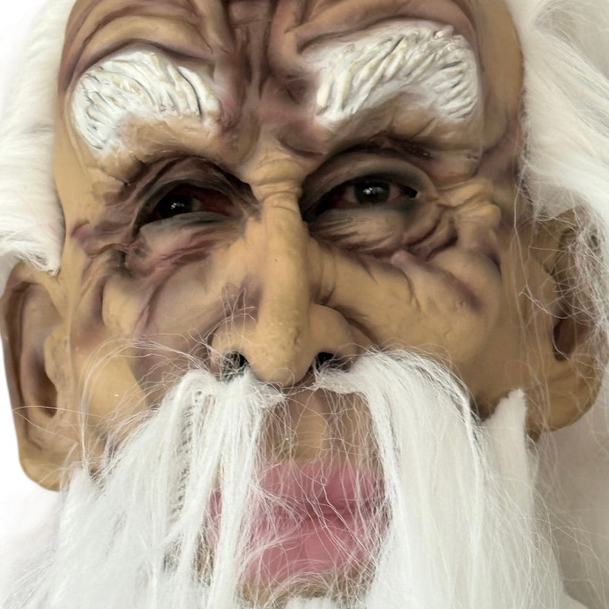 Halloween Mask of Ghoulish Old Man, with Long White Hair, Beard, Fu Manchu & Bushy Eyebrows