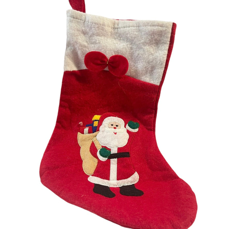 Red Felt Christmas Stocking with a Detailed Santa & Toy Bag Applique & Red Felt Bow