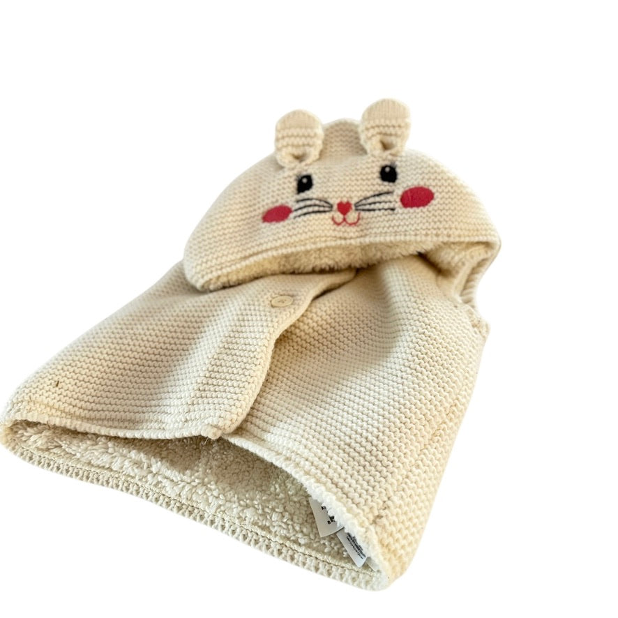 Waikiki Button Front Ecru Knit Vest with Fleece Lining & Sweet Embroidered Kitten Face 9-12 m