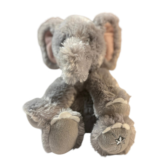 Russ-Berrie  Shining Stars 8" Fluffy Grey Elephant, Pink Ears, Silver Satin Ribbon, Adorable!