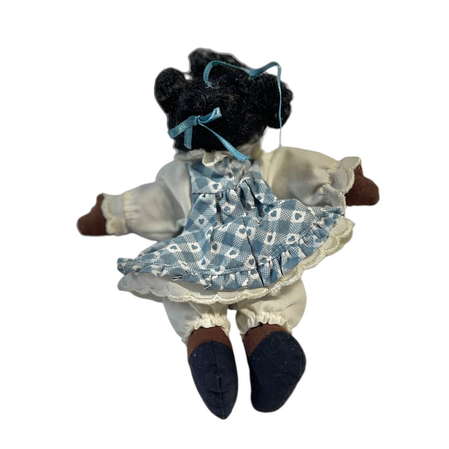 African American 8" Folk Art Doll, Painted Face, Dainty White Blouse & Bleachers Blue Calico Dress