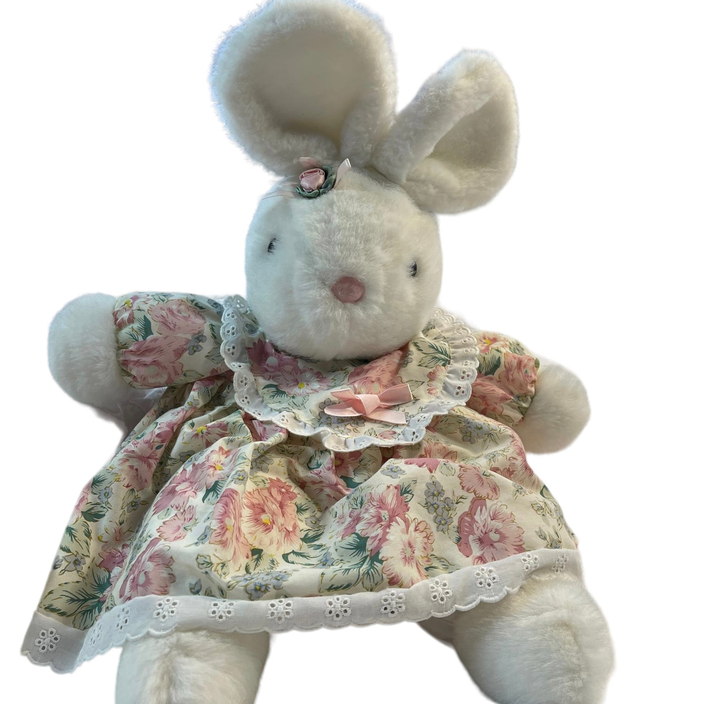 Vintage Bunny in Floral Dress with Pink Nose & Satin Rose 20" in Excellent Preowned Condition