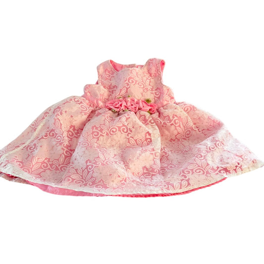 Beautiful Rosy Pink Dress with Dainty Floral Overlay, Crinoline and Satin Rosettes, size 12-18 m