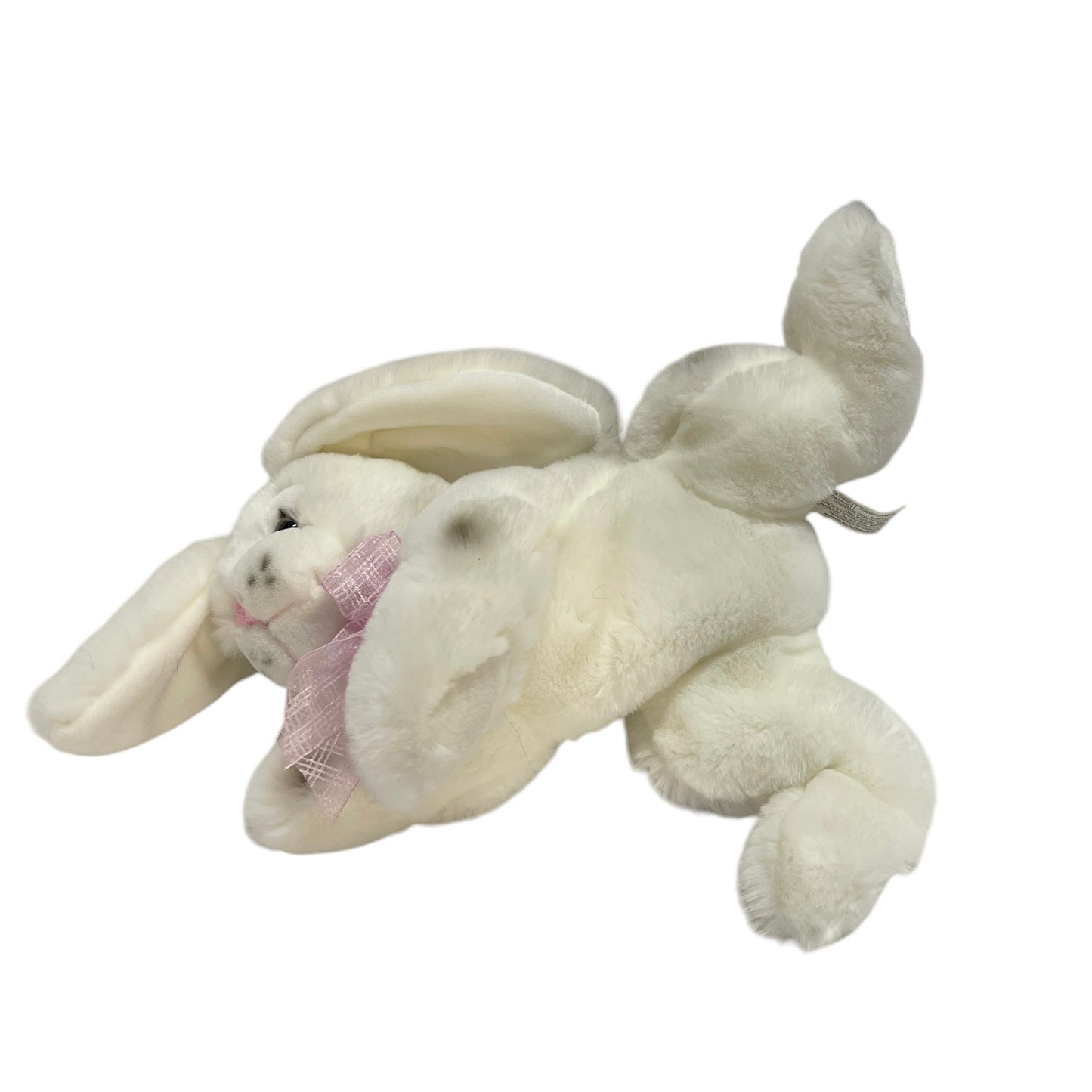 Ultra Soft White Plush Lop Eared Bunny, Black Spots, Weighted Bean Bottom. Pink Satin Nose