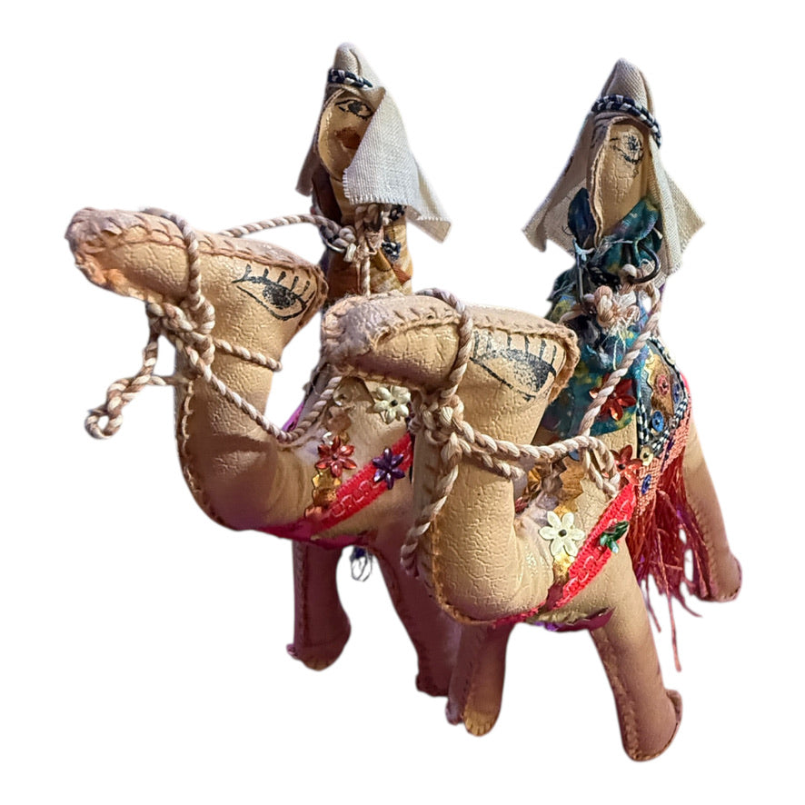 Vintage Leather Wrapped Camels & Riders Finely Detailed with Coloured Sequins and a Deep Fringe, Preowned GUC