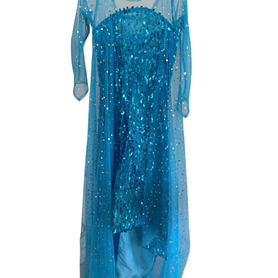 Frozen Turquoise Sequinned Elsa Fancy Dress with Sparkly Mesh Sleeves and Train EUC