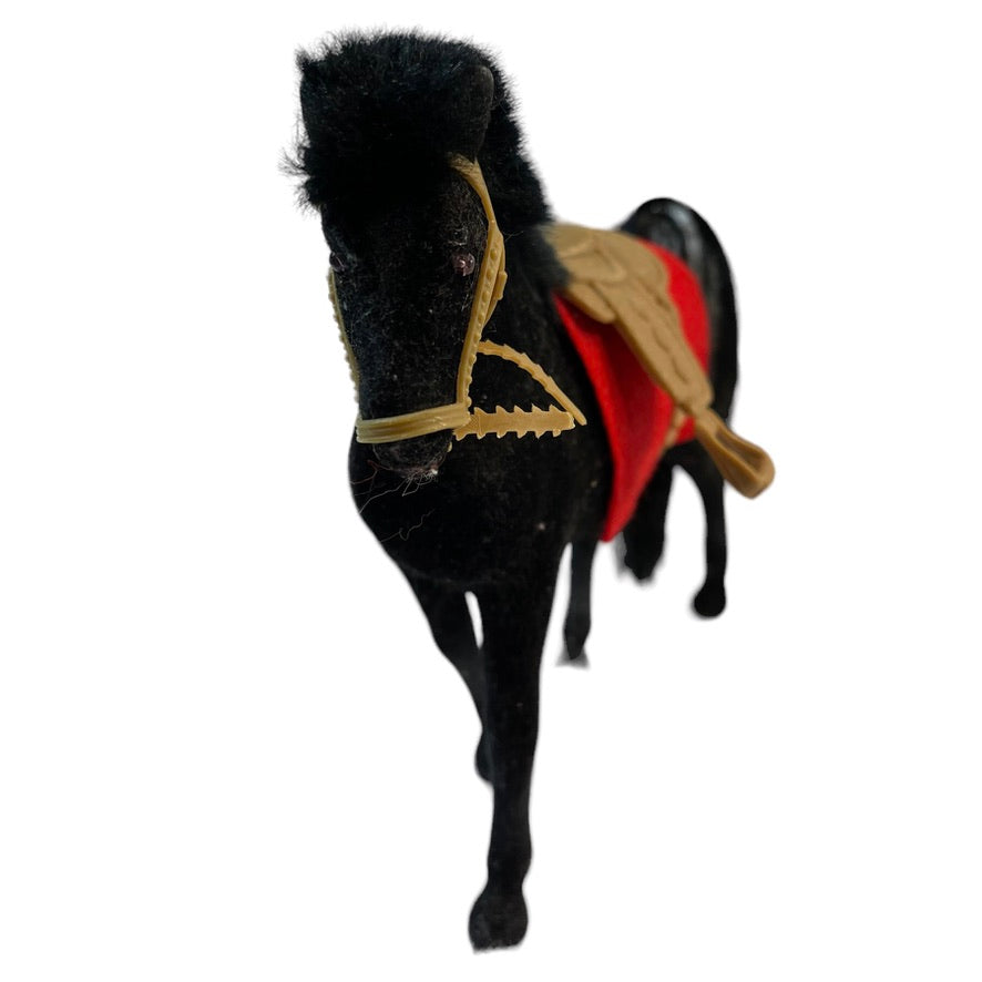 Vintage Flocked Black Stallion Plastic Horse with Saddle Blanket, Saddle and Bridle