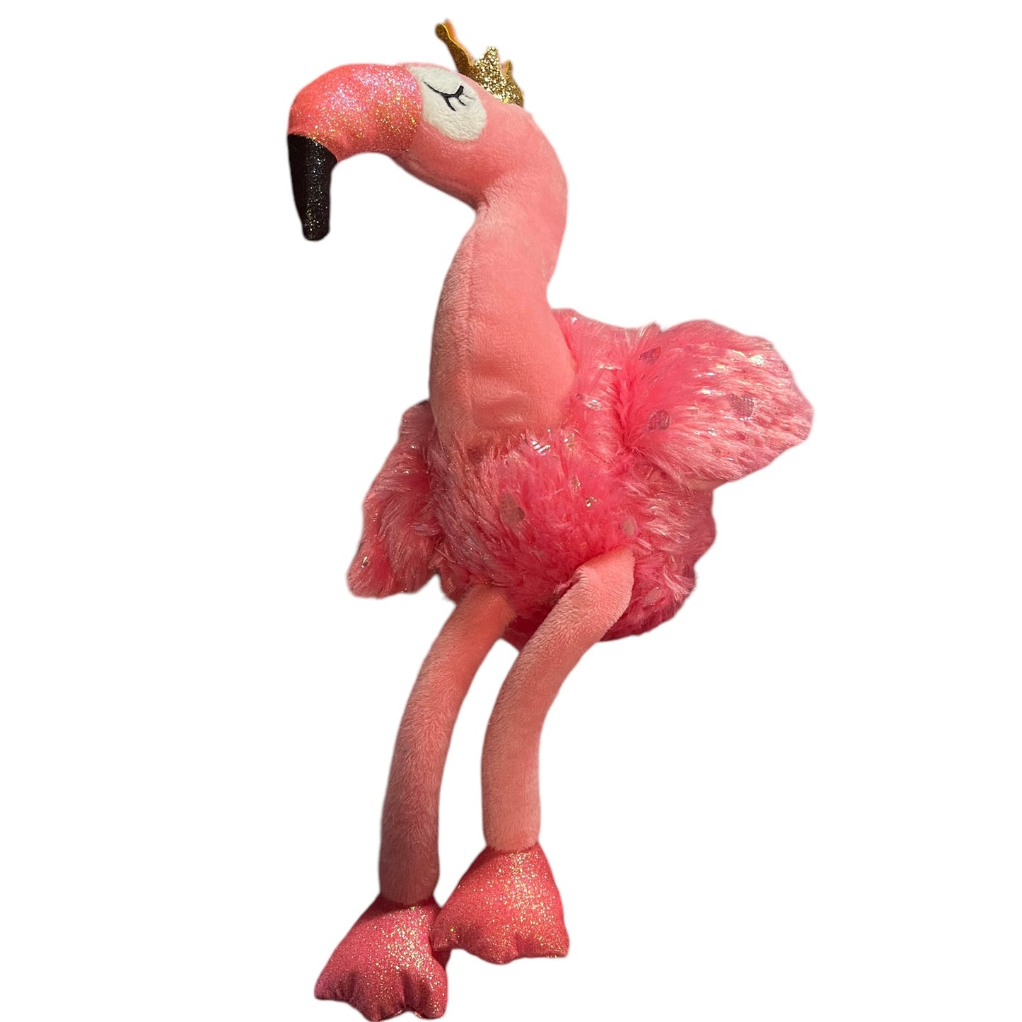 Pink Flamingo, Fluffy,Shiny and Very Sparkly!, Gold Crown, Embroidered Closed Eyes, Long Legs!