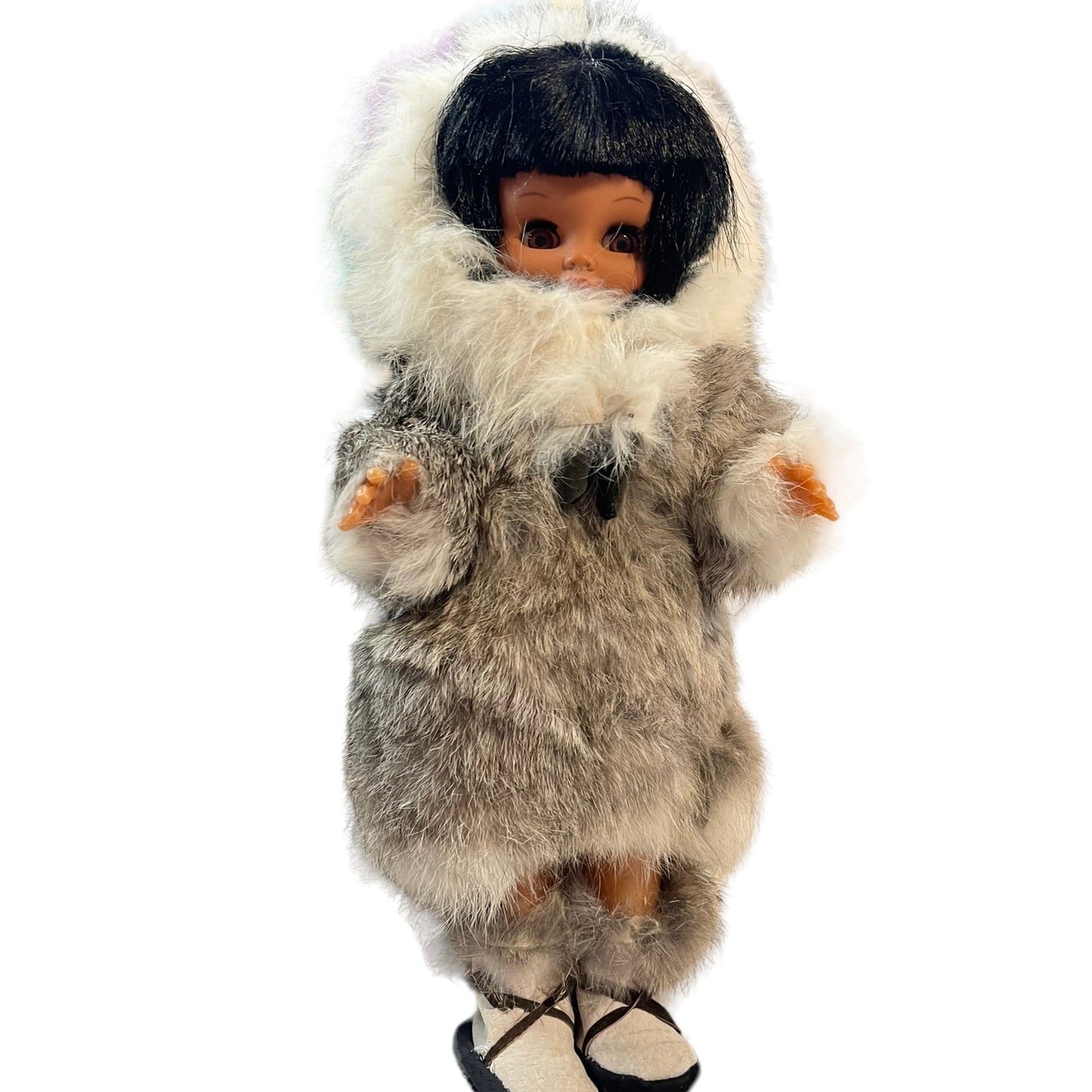 Preloved 14"  Vinyl Inuit Doll with Traditional Rabbit Fur Clothing