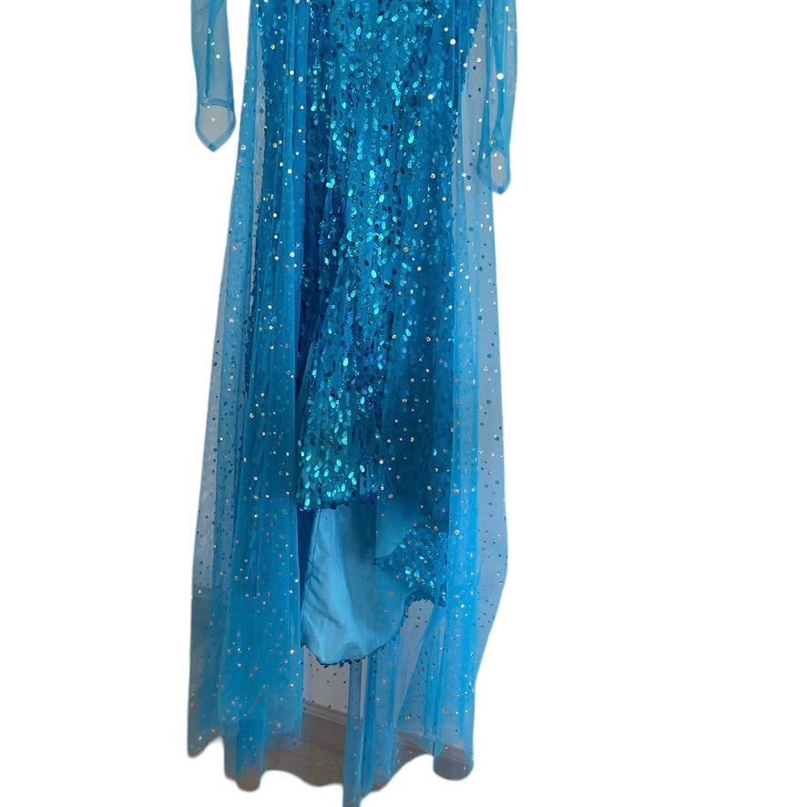 Frozen Turquoise Sequinned Elsa Fancy Dress with Sparkly Mesh Sleeves and Train EUC