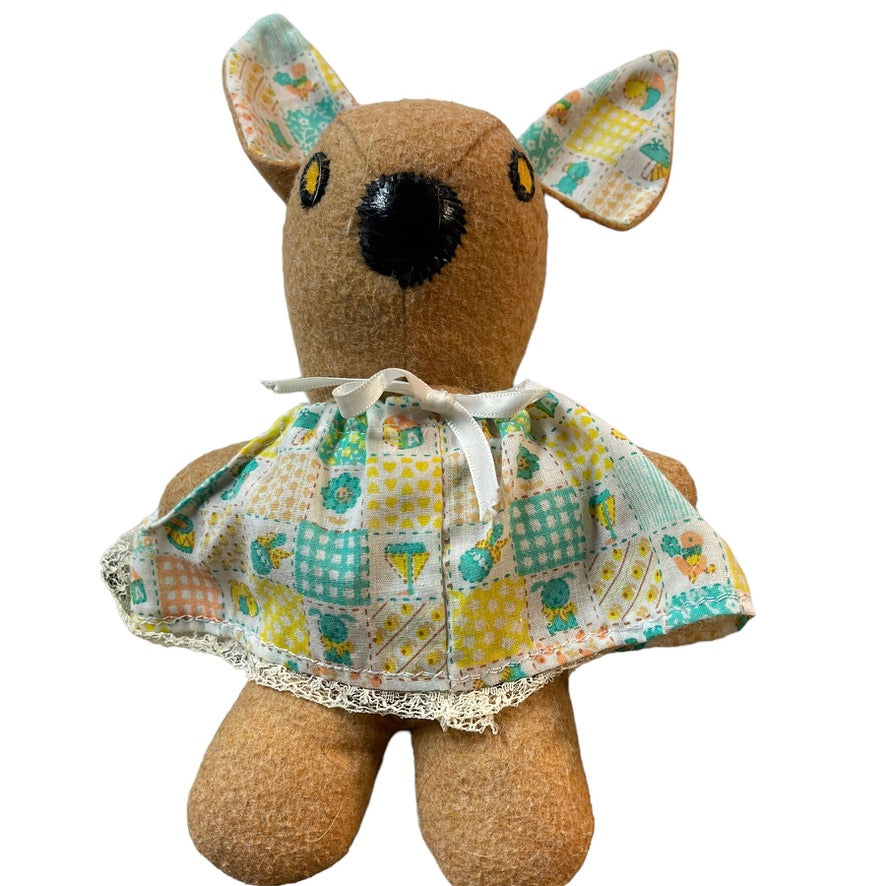 Unique Cloth Bunny, 10" Brown, 'Leather' Nose & Dainty Dress with Matching Ears