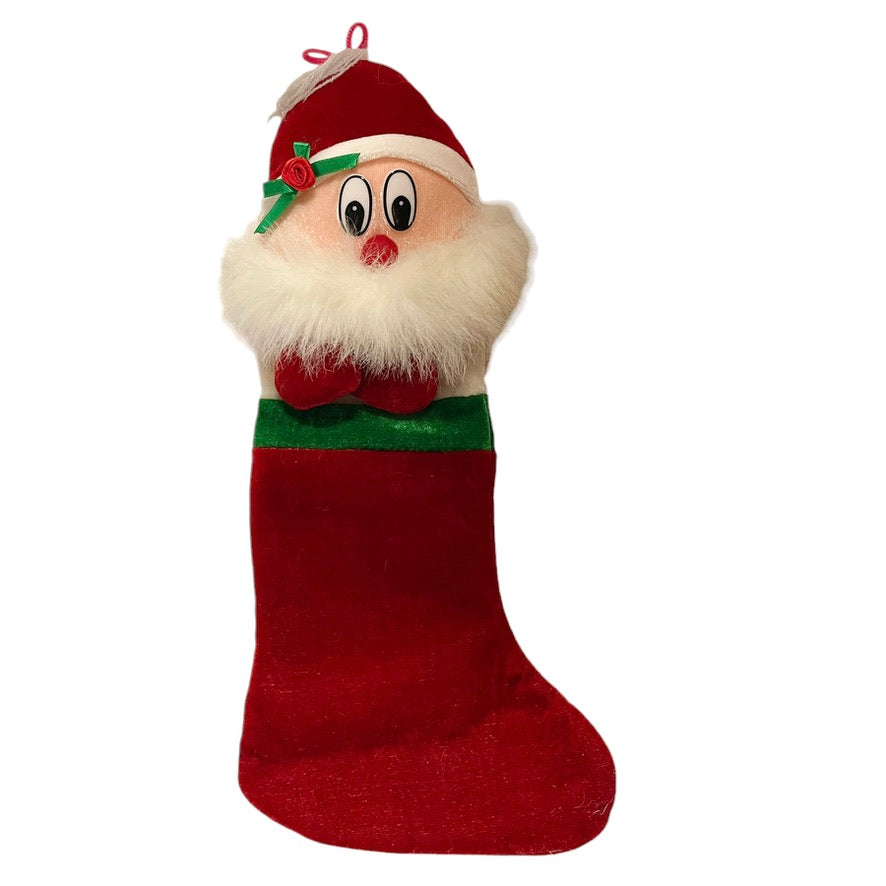 Adorably Detailed 14" Christmas Stocking with a Furry Bearded Santa, Plastic Eyes EUC