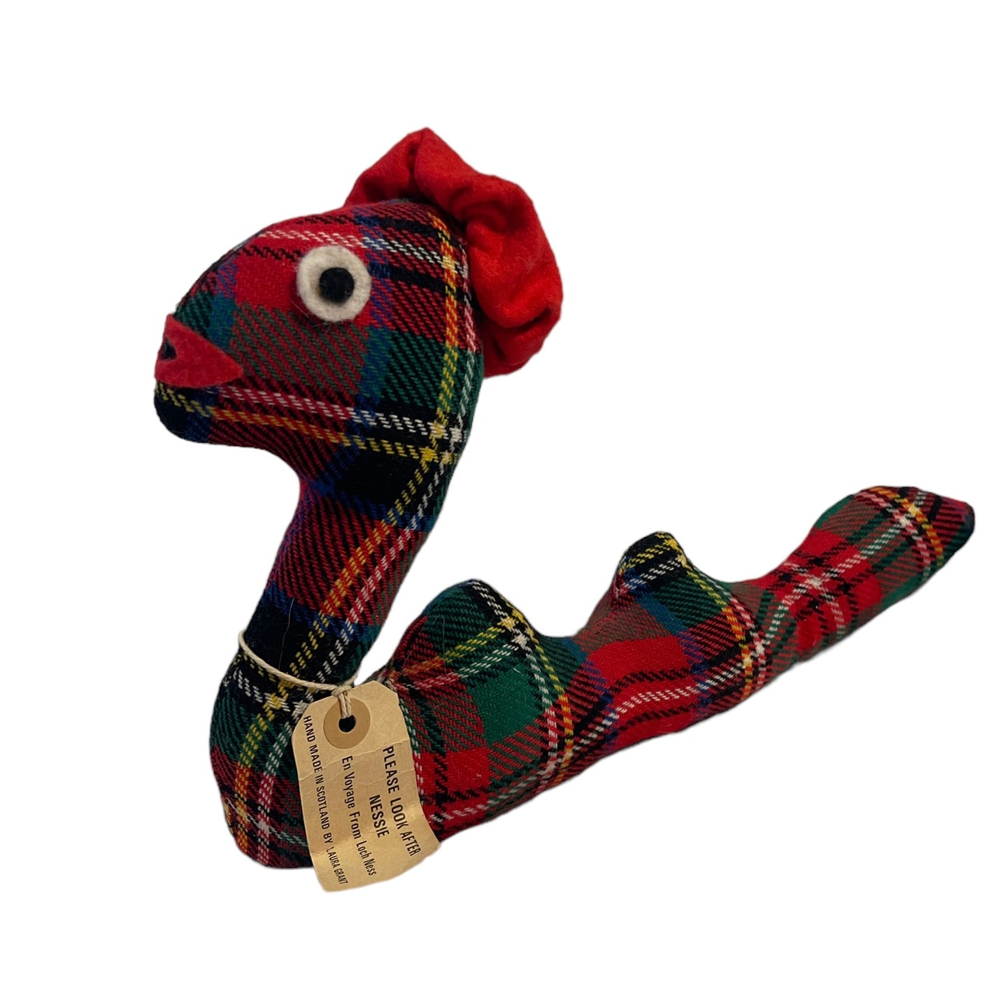 Vintage Nessie, Loch Ness Red Tartan Plush Handmade by Laura Grant Circa 1960's