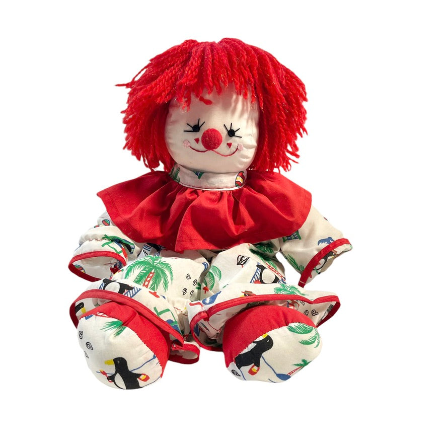 Vintage Clown, Red Yarn Hair & Detailed Embroidered Face, Print Suit with Red Ruffle 17" GUC