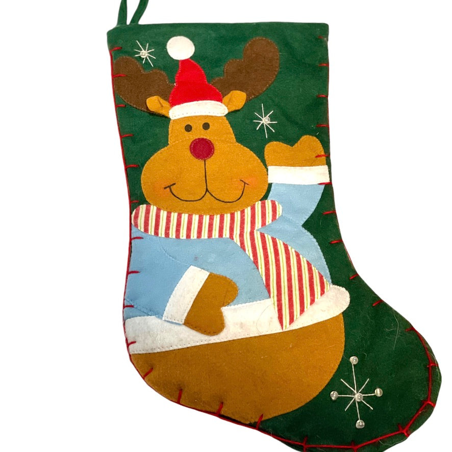 Fabric Reindeer Applique Christmas Stocking with Pearl Embellishments  16" Long, 9" Foot