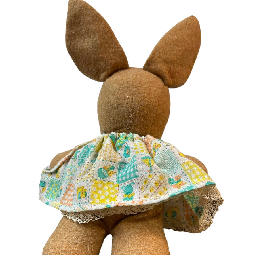 Unique Cloth Bunny, 10" Brown, 'Leather' Nose & Dainty Dress with Matching Ears