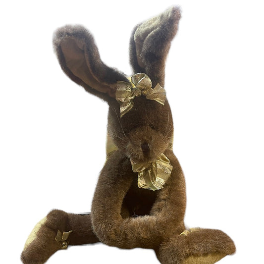 Chocolate Brown 18" Stuffed Plush Bunny Rabbit, Jointed Legs, Gold ribbon