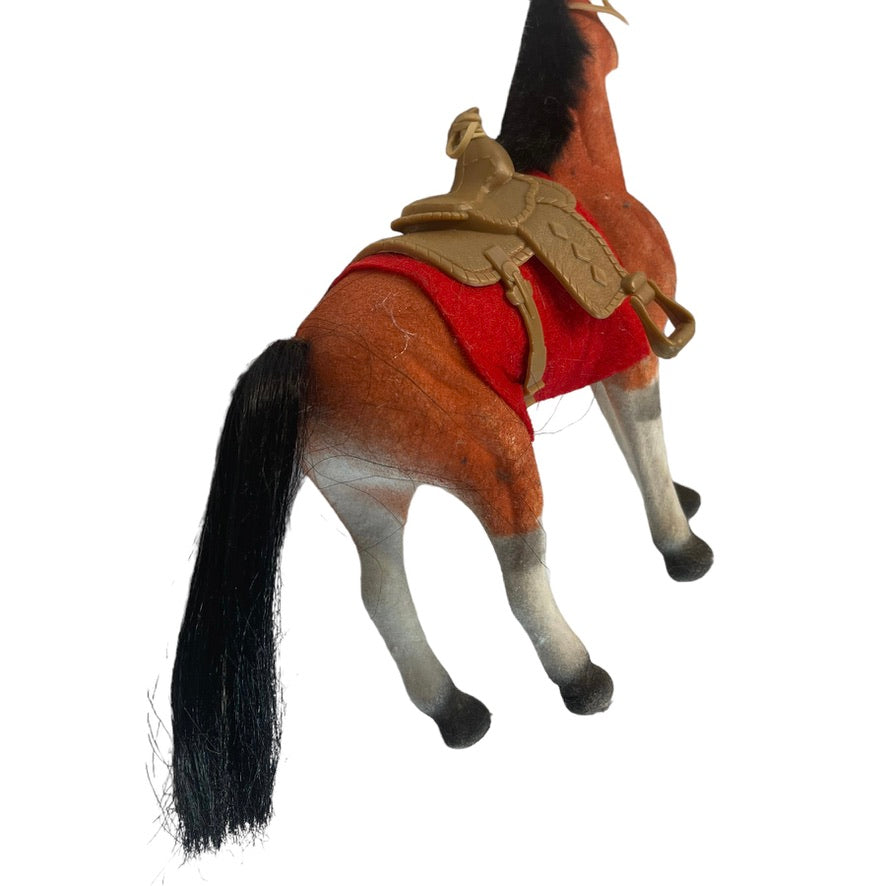 Vintage Toy Plastic Velvet Flocked Coated Felt Brown Horse & Saddle