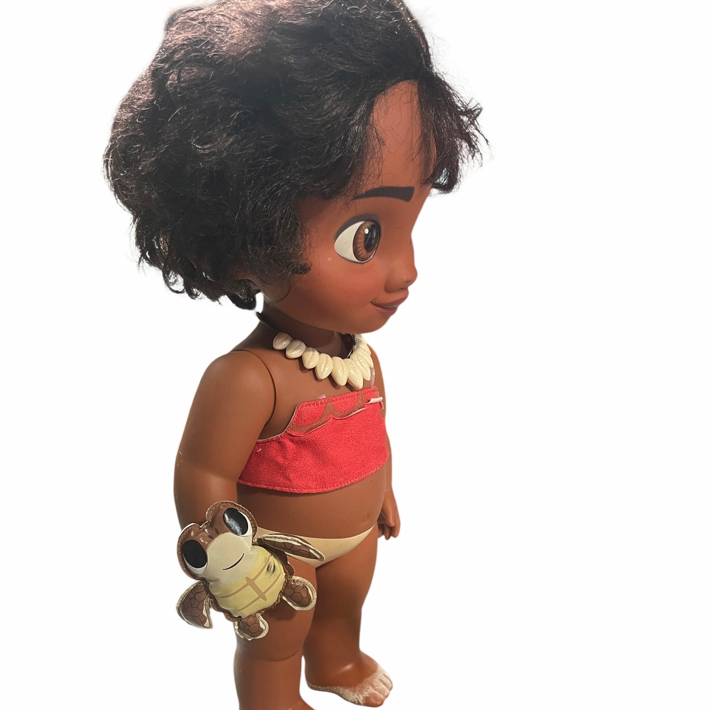 Disney, Moana, 15" Vinyl Doll with Sandy Feet & Black Curly Hair Shell Necklace, Vinyl Turtle