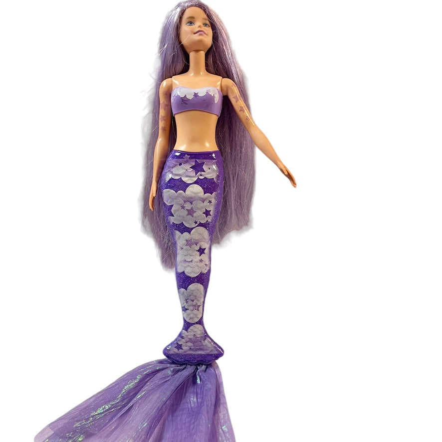 Barbie PURPLE Colour Reveal Mermaid Doll, Luxurious Long Lavender Hair, Star Tattoos, Irridescent Fins EUC