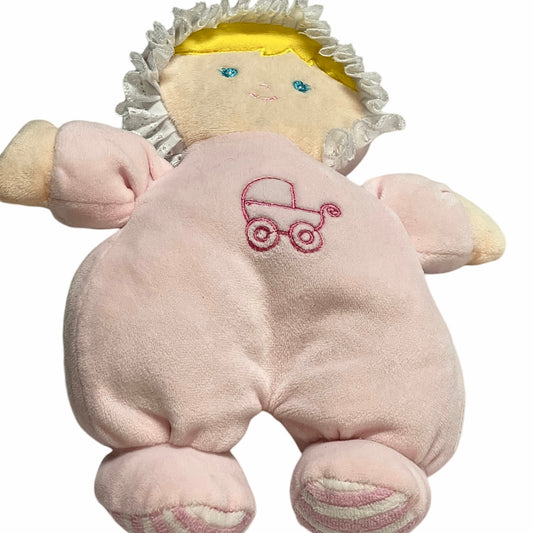 Soft Pink Plush Velvety Baby Doll Rattle, Lace Ruffled Bonnet, Embroidered Face & Carriage on Belly