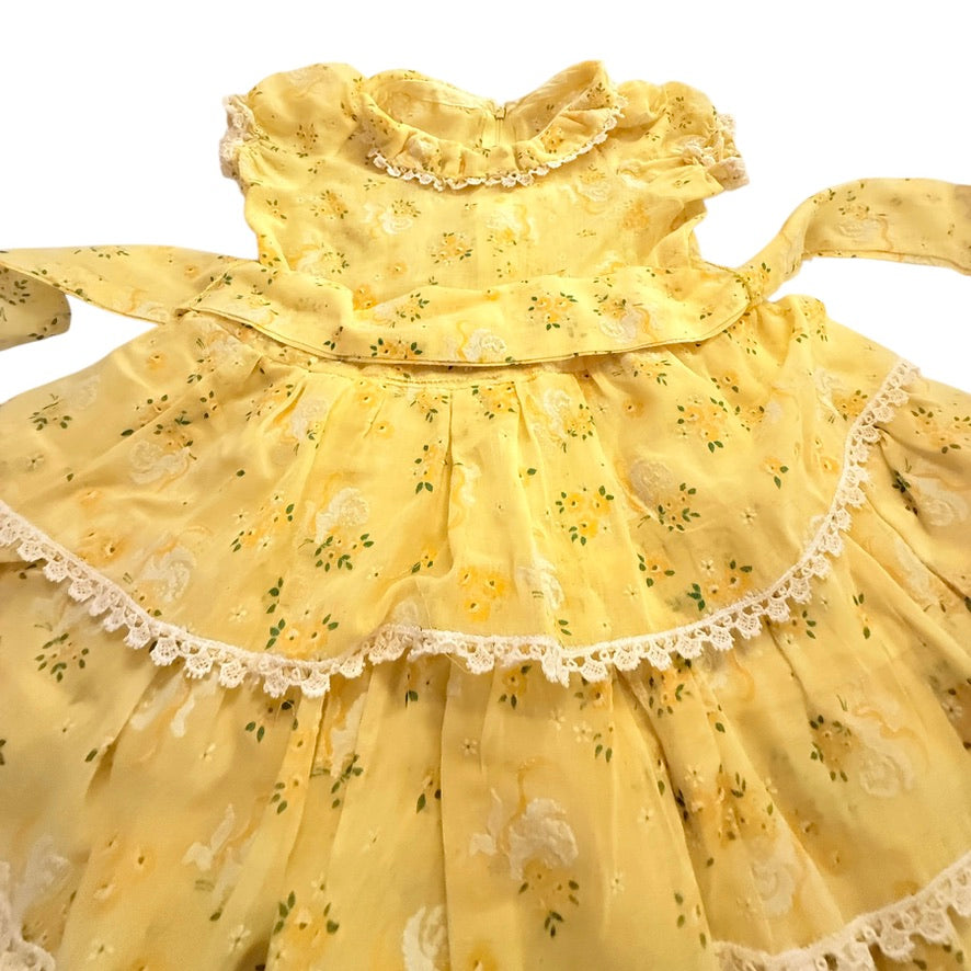 Dainty Textured Yellow Floral Print Vintage Tiered Toddler Dress, Crochet Lace Trim, Tie Waist