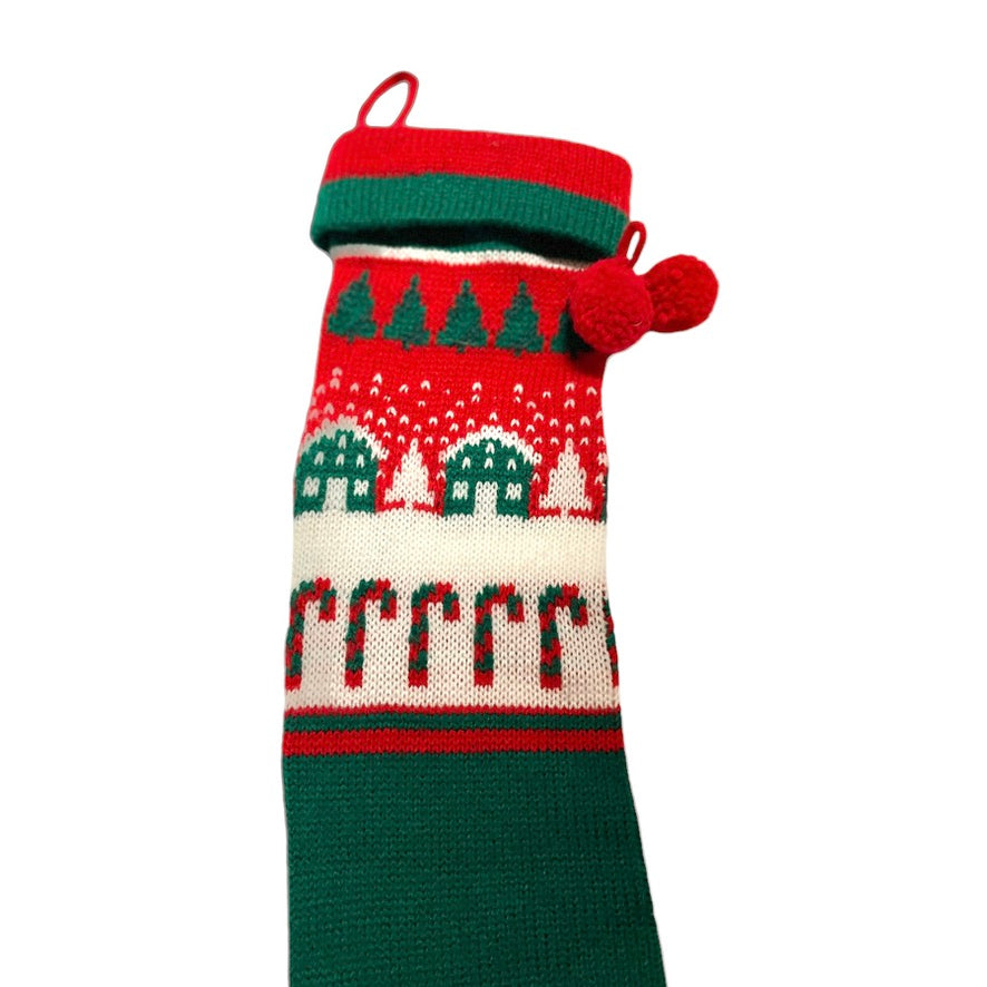 Cheerful Knit Christmas Stocking 24x5", Traditional Colours  & Patterns, Cuffed with Hanger and PomPom