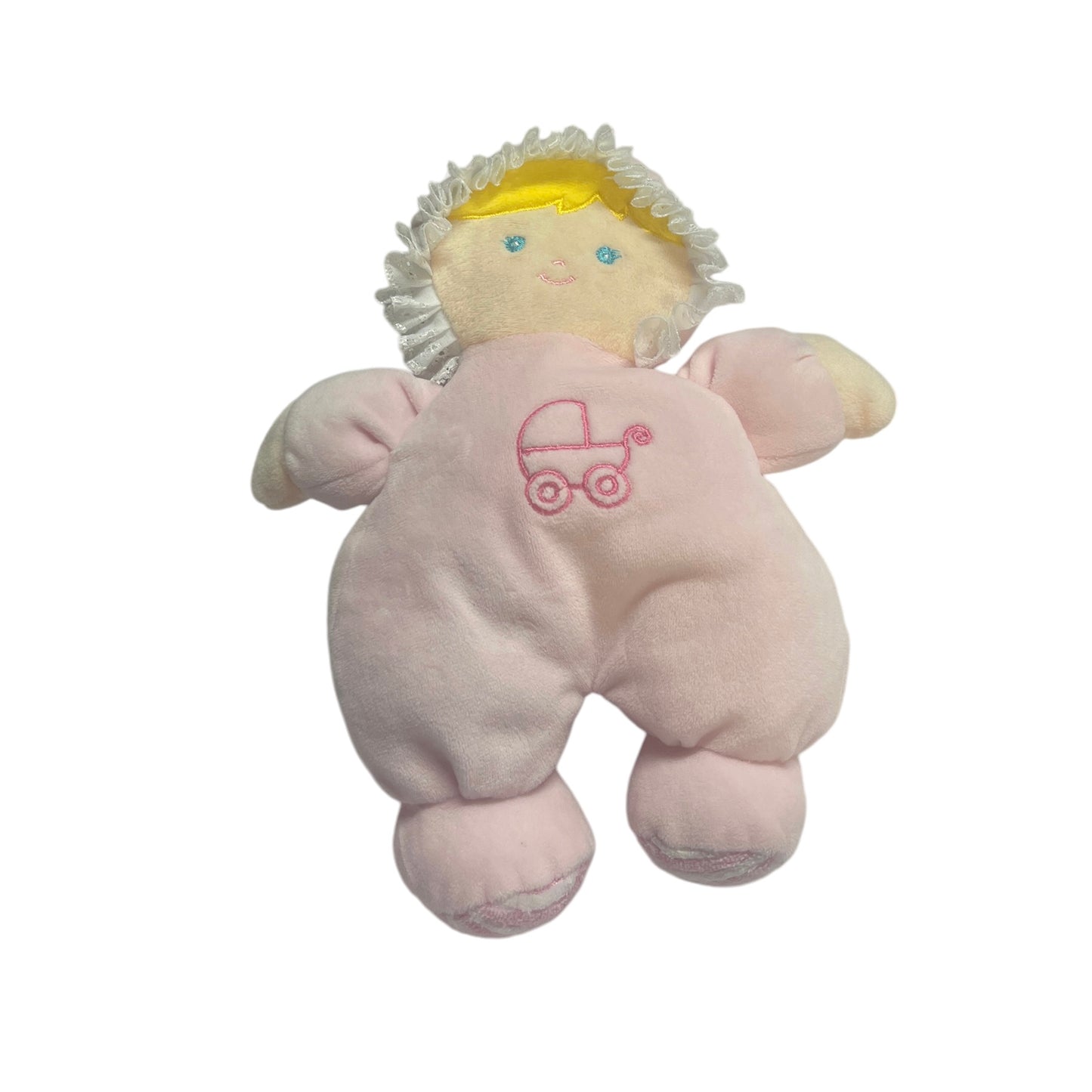 Soft Pink Plush Velvety Baby Doll Rattle, Lace Ruffled Bonnet, Embroidered Face & Carriage on Belly