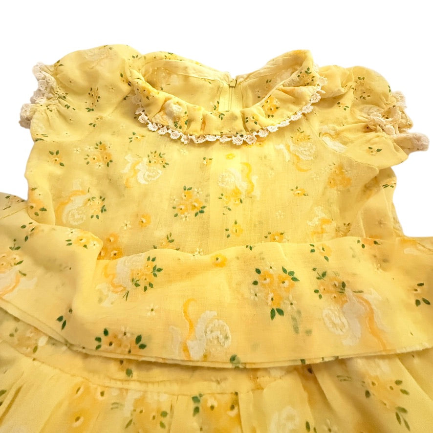 Dainty Textured Yellow Floral Print Vintage Tiered Toddler Dress, Crochet Lace Trim, Tie Waist