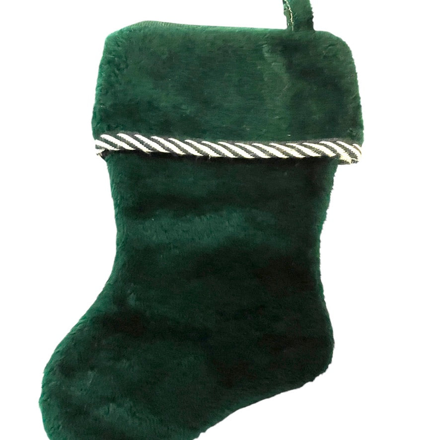 Emerald Green Furry Plush Christmas Stocking with Green & White Trim 14" Tall, 8" Foot