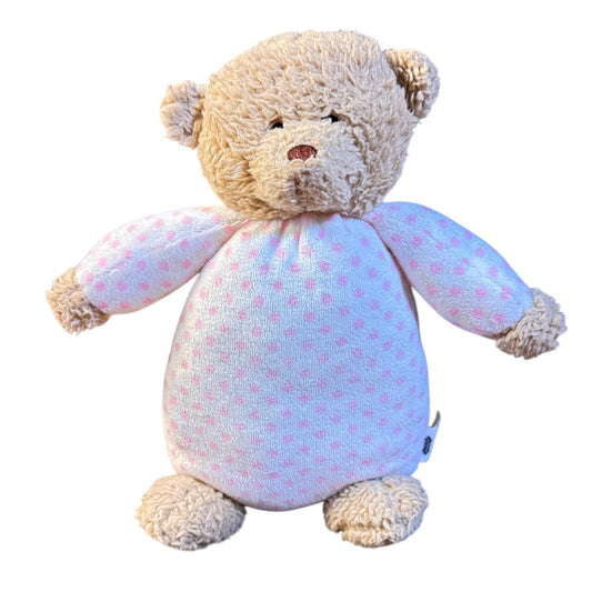 Mudpie Plush 10" Teddy Bear, Beige Coat, Pink& White Polka Dot Torso in Good Preowned Condition