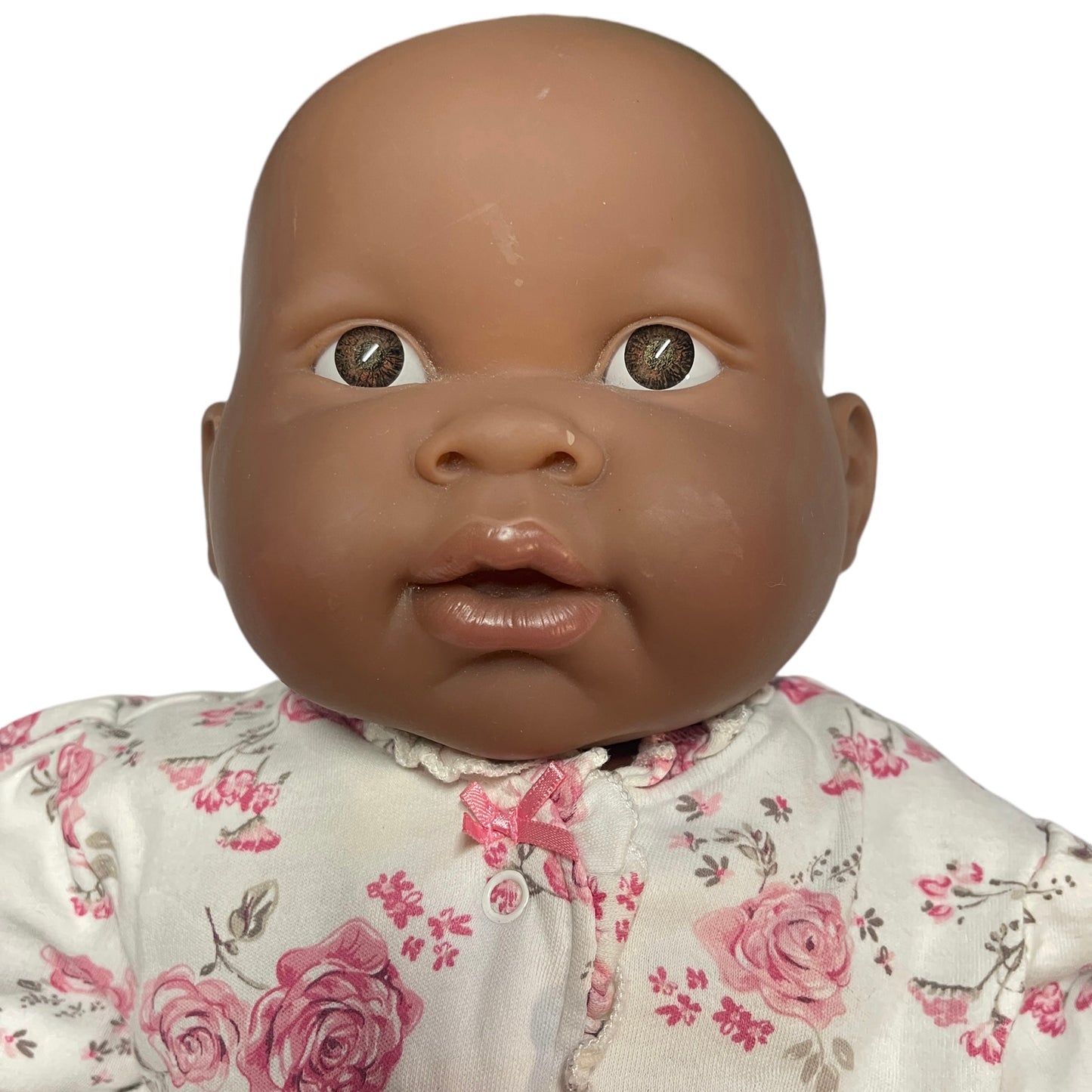 Berenguer African 20" Soft Bodied Baby Doll, Lace Bonnet, Sweet Little Me Floral Sleeper 6M