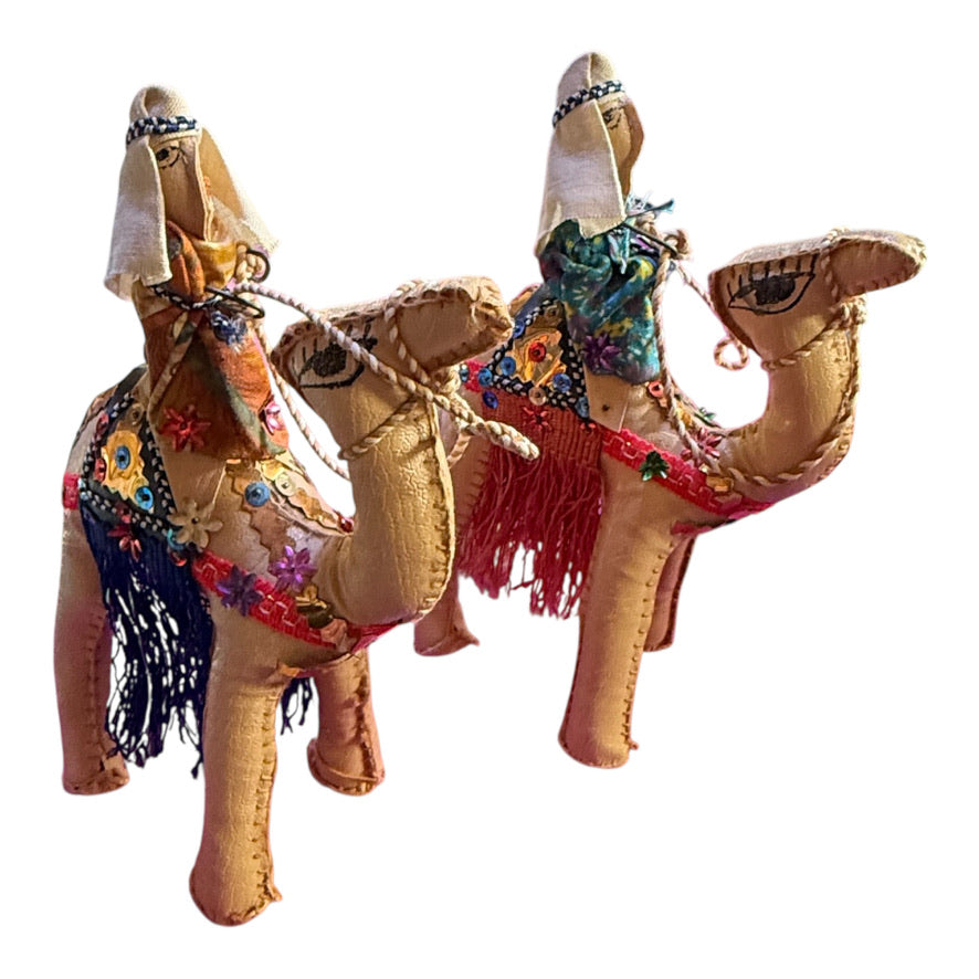 Vintage Leather Wrapped Camels & Riders Finely Detailed with Coloured Sequins and a Deep Fringe, Preowned GUC
