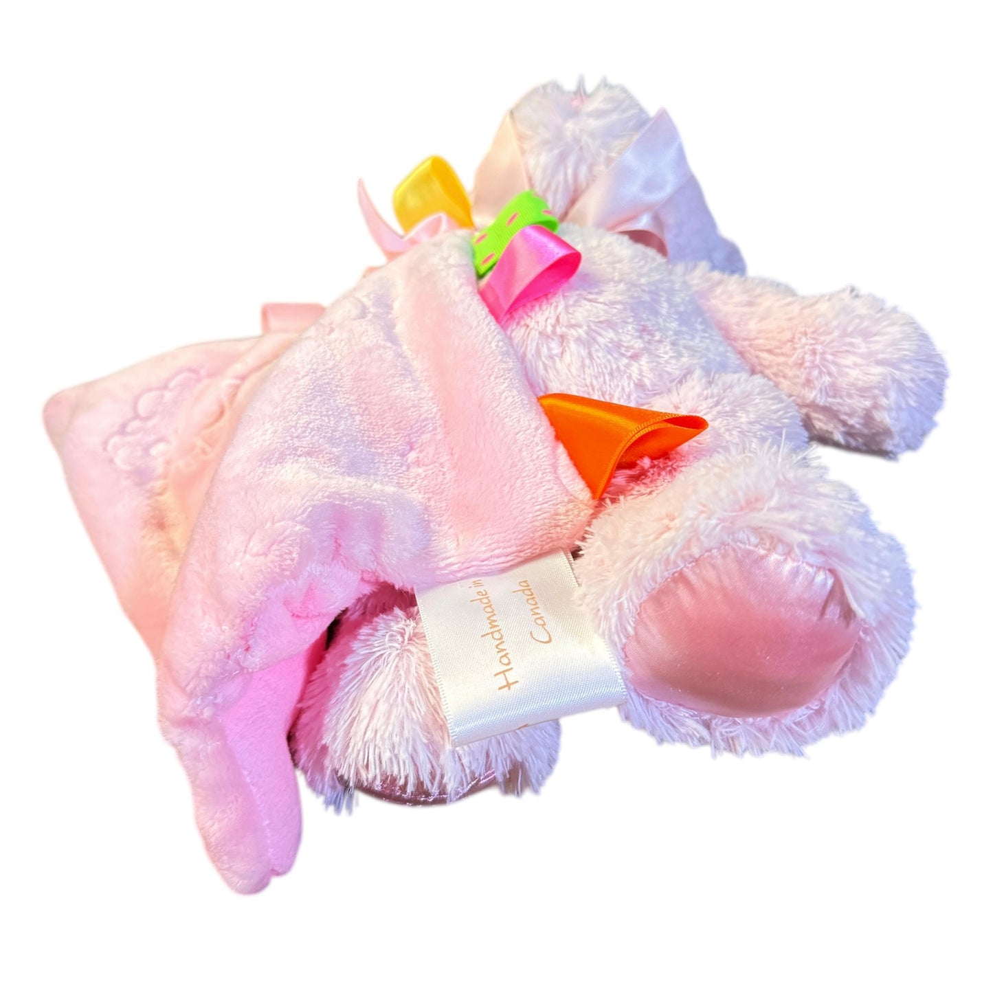 Bearington Baby's First Bear & Ribbon Tag Lovey, Shaggy Pink, Satin Accents, Stitched Features,