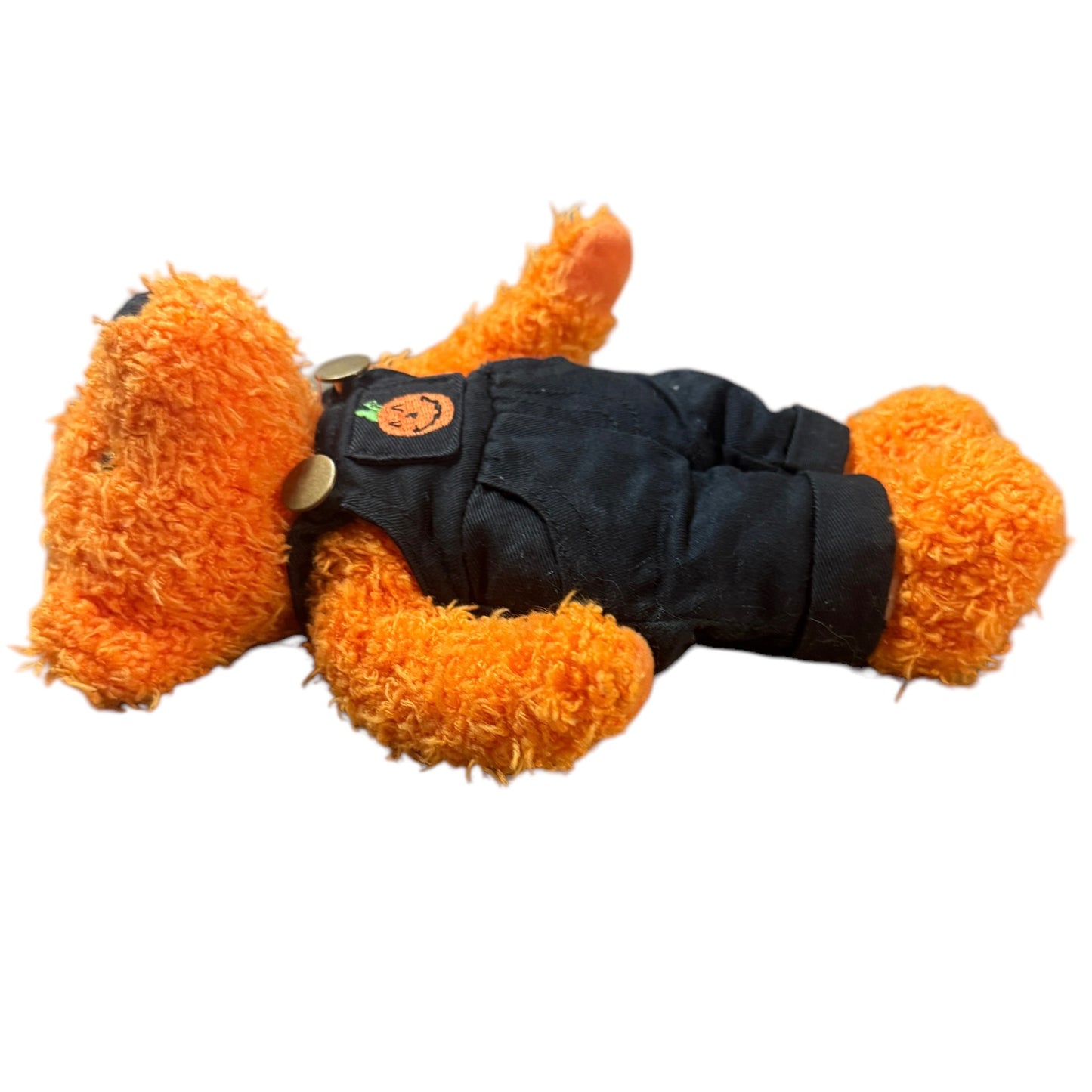 Hallmark Halloween Bean Bear Shaggy Orange Plush Teddy Bear Black Coveralls with Pumpkin Applique