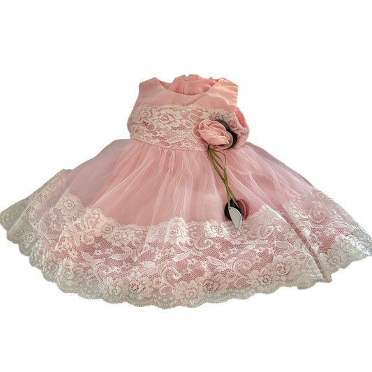 Exquisite Pink Chiffon & Lace  Baby Party Dress, Satin Bow & Rosette Embellshment