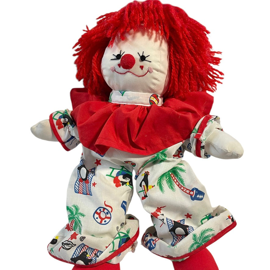 Vintage Clown, Red Yarn Hair & Detailed Embroidered Face, Print Suit with Red Ruffle 17" GUC